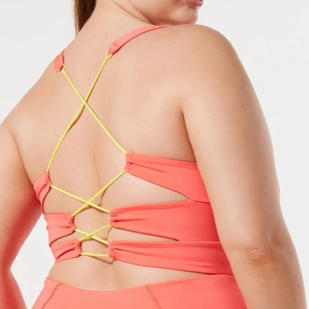 Savage X Fenty Wildcat Strappy Back Sports Bra in coral and yellow  Size S